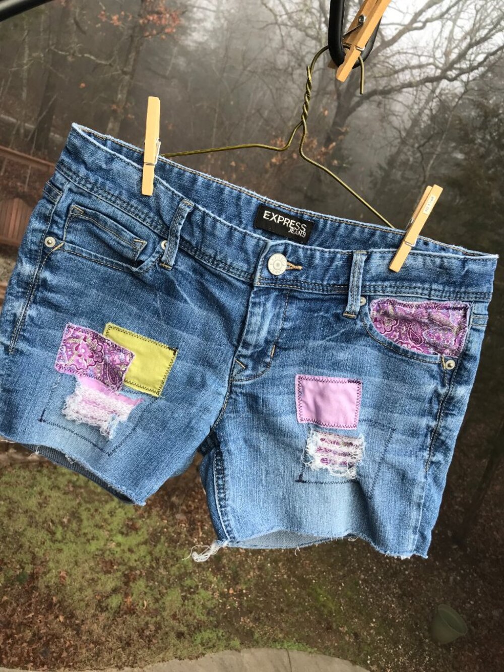 Upcycled Ripped Jean Short Cutoffs, Patchwork Distressed, Junior Size 8